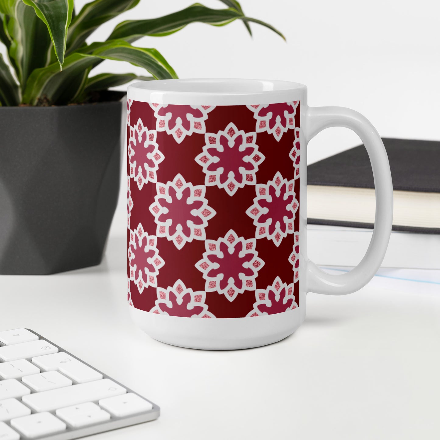 White glossy mug - Arabesque Flower in Rouge