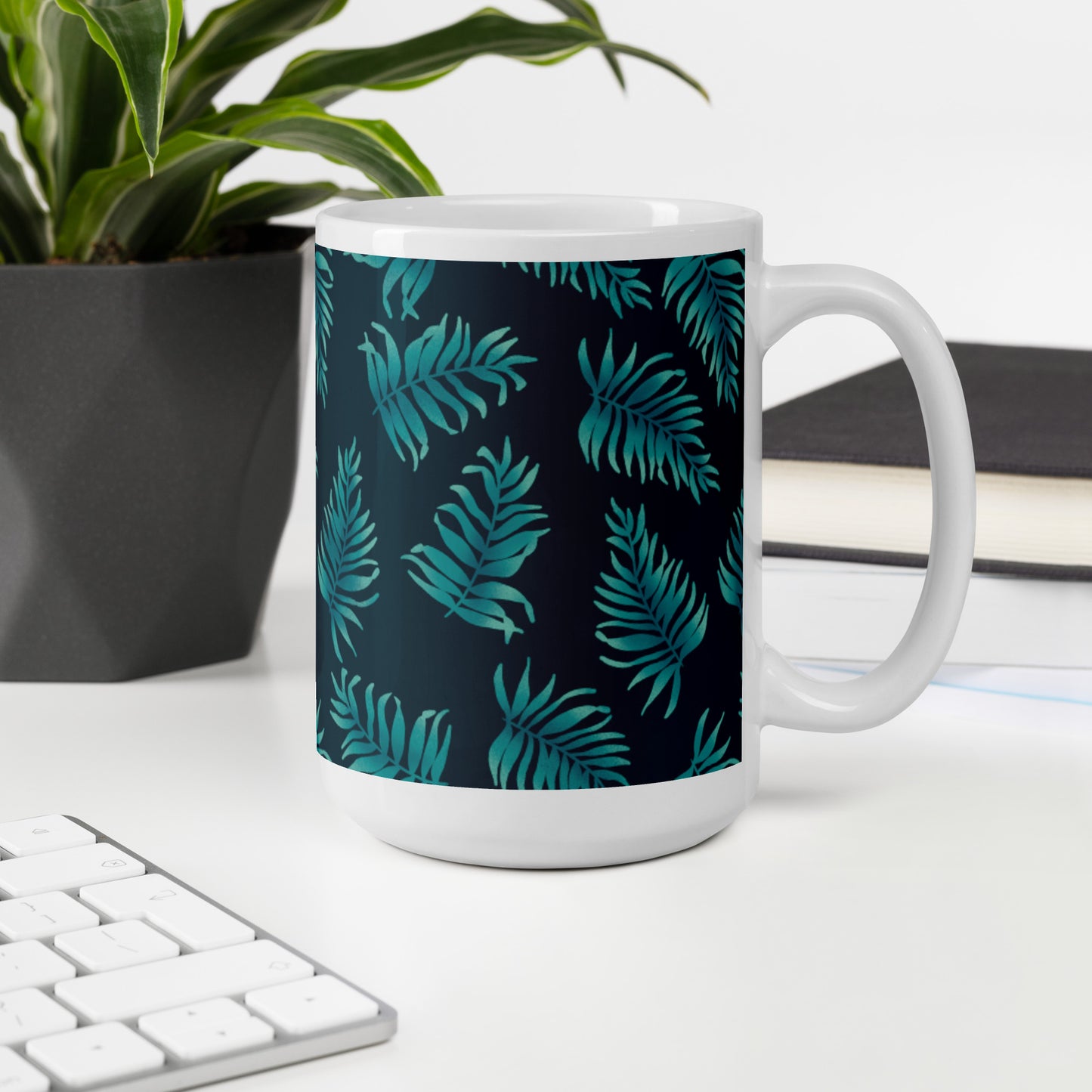 White glossy mug - Palm Leaves in Blue Ombre