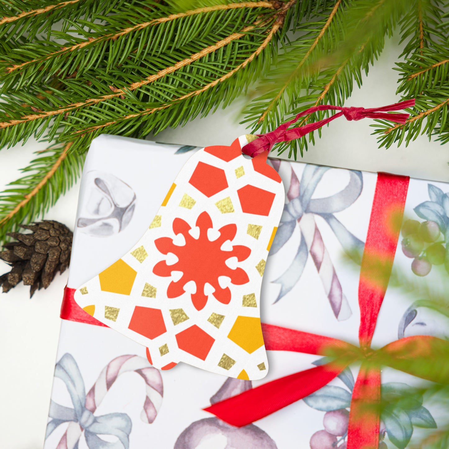 Wooden Holiday Ornaments - Geometric Arabesque in Orange Yellow and Gold