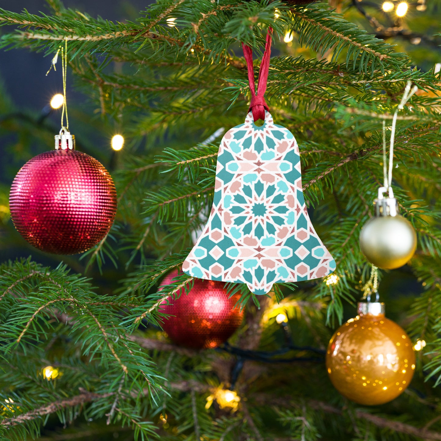 Wooden Holiday Ornaments - Arabian Geometric Star in Red Sea Colors