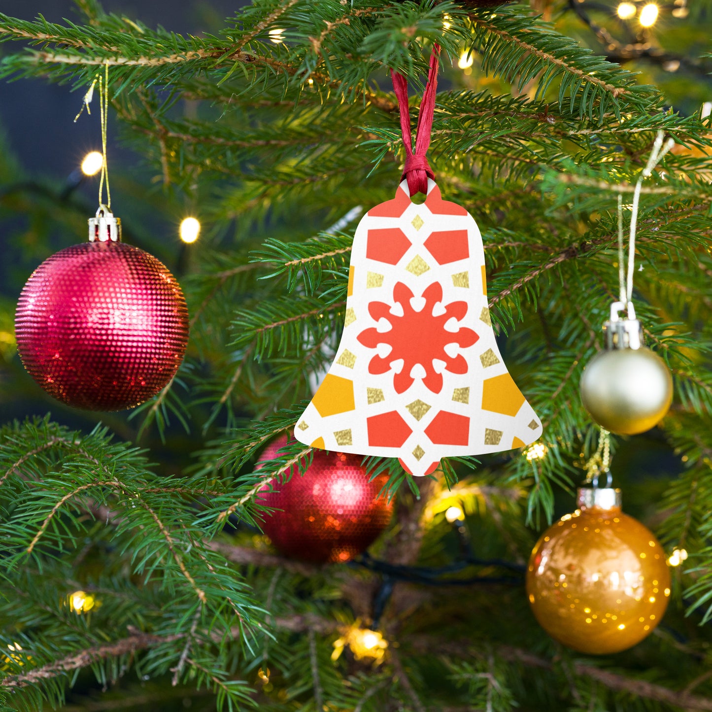 Wooden Holiday Ornaments - Geometric Arabesque in Orange Yellow and Gold