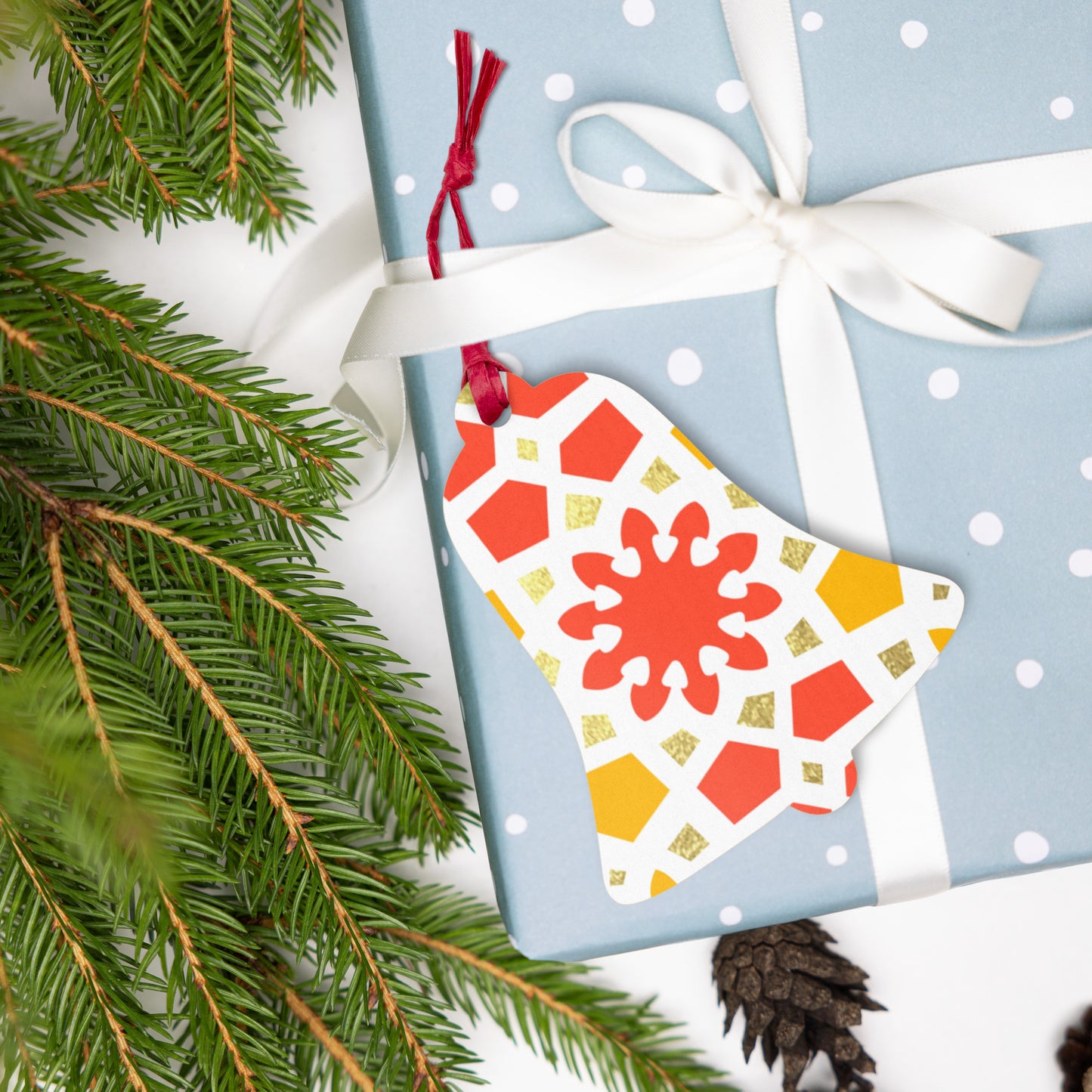 Wooden Holiday Ornaments - Geometric Arabesque in Orange Yellow and Gold