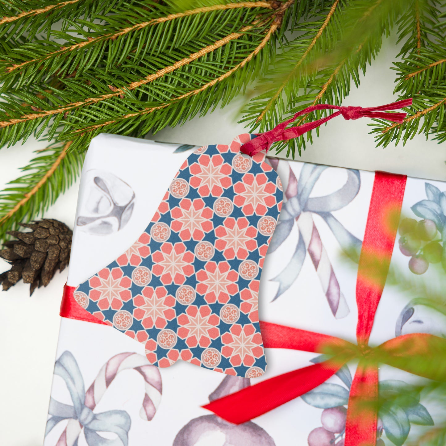 Wooden Holiday Ornaments - Geometric Arabesque Mashup in Pink