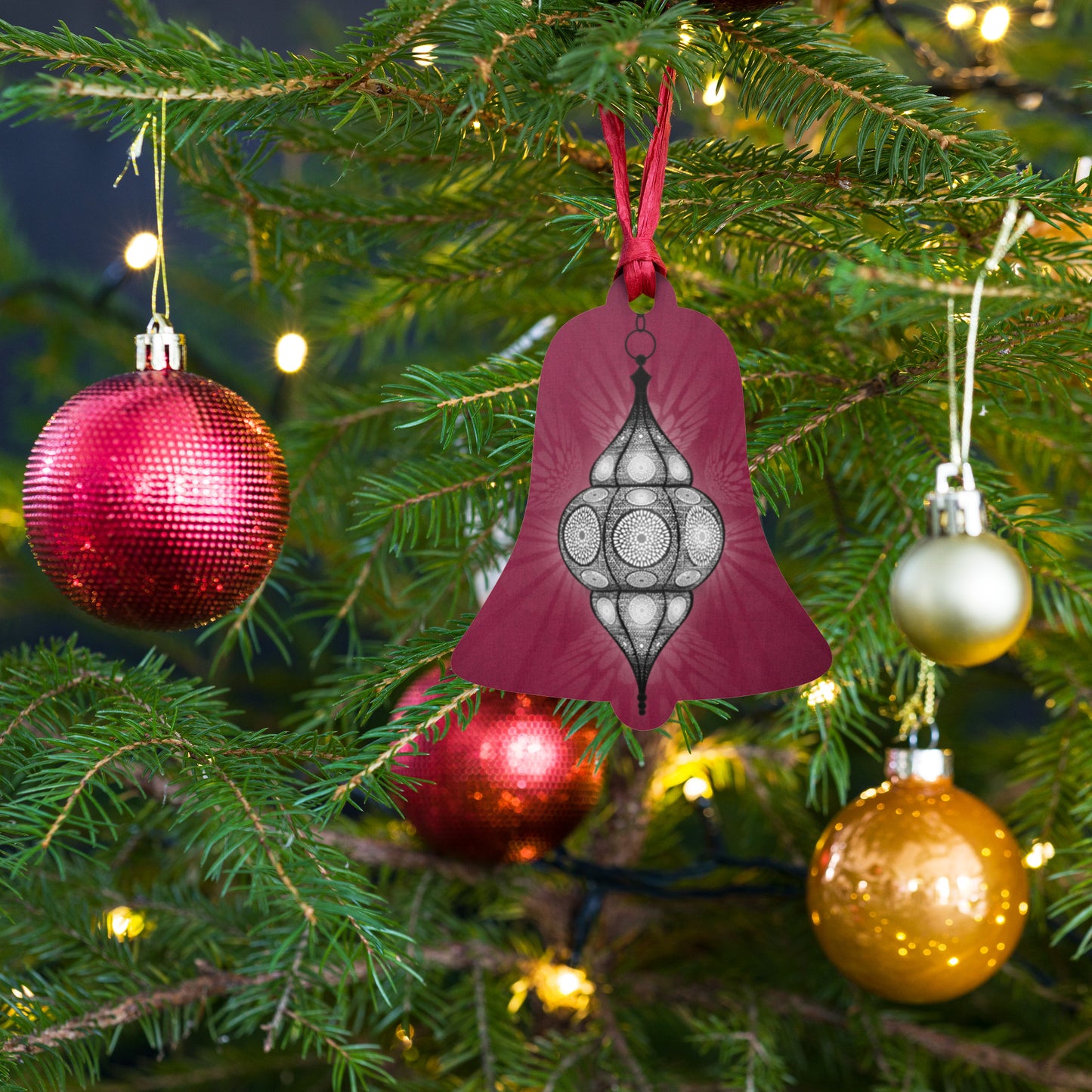 Wooden Holiday Ornaments - Merry and Bright Arabic Lantern