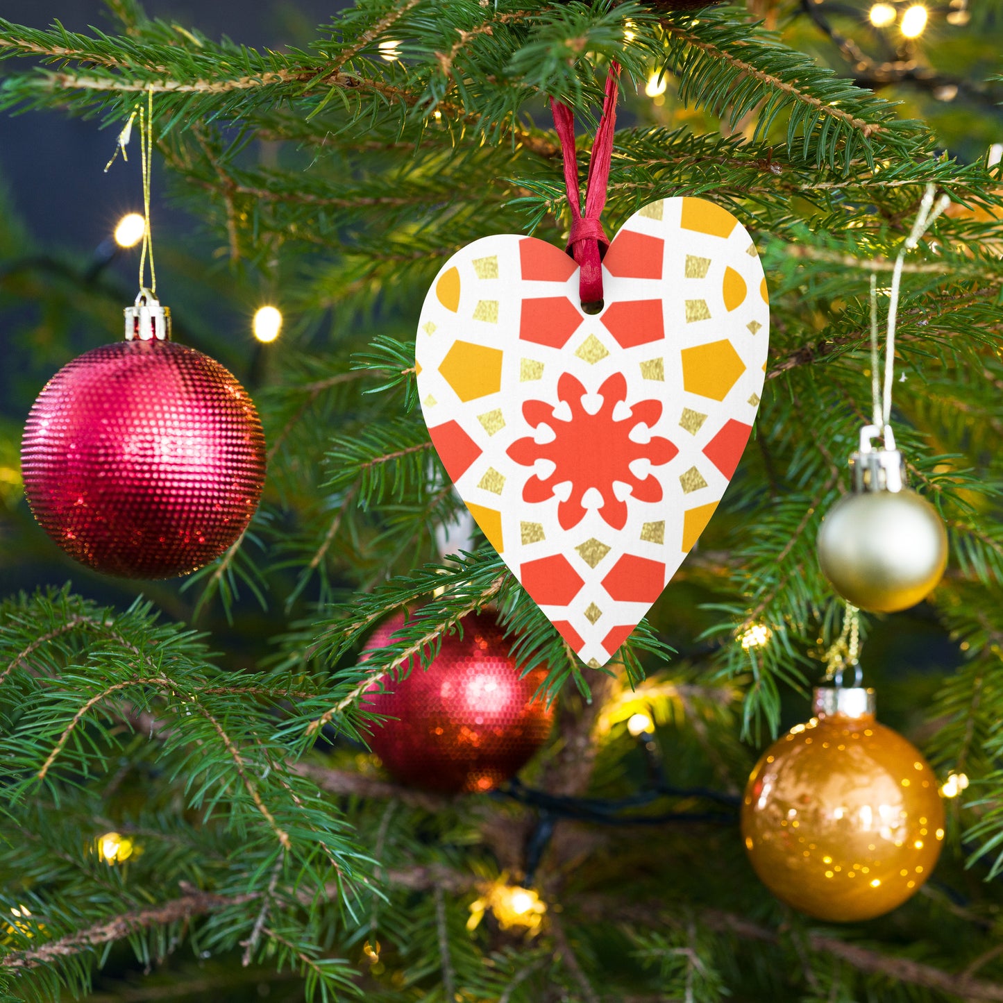Wooden Holiday Ornaments - Geometric Arabesque in Orange Yellow and Gold