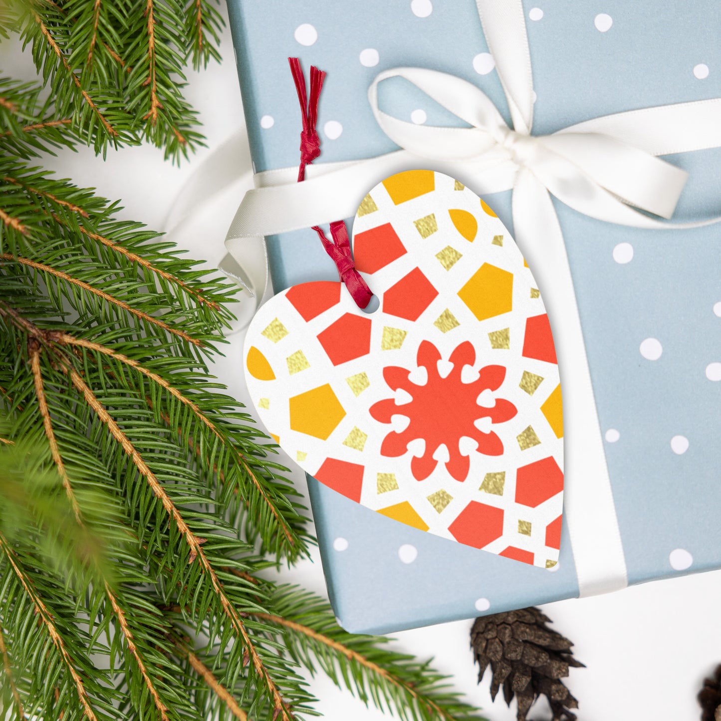 Wooden Holiday Ornaments - Geometric Arabesque in Orange Yellow and Gold