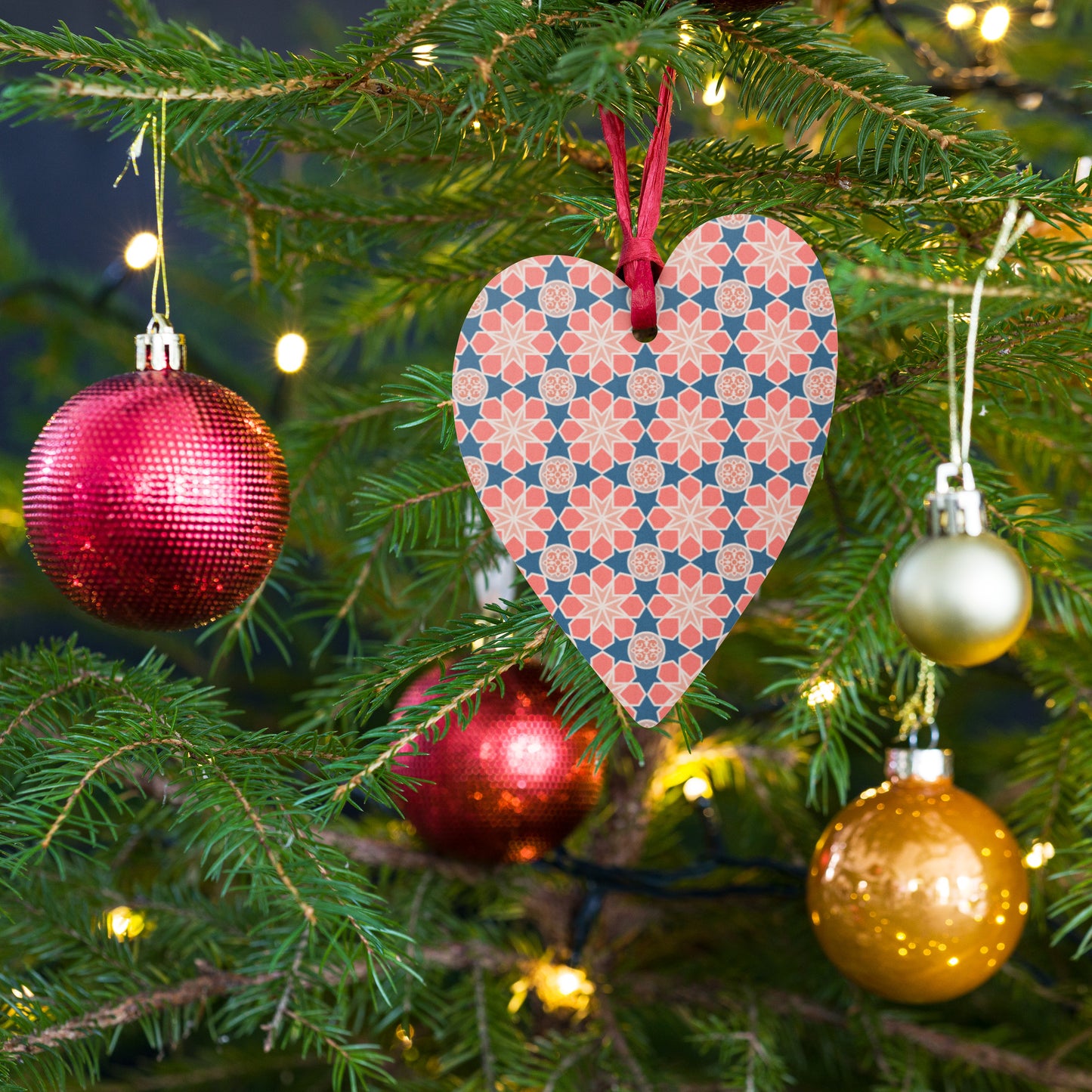 Wooden Holiday Ornaments - Geometric Arabesque Mashup in Pink