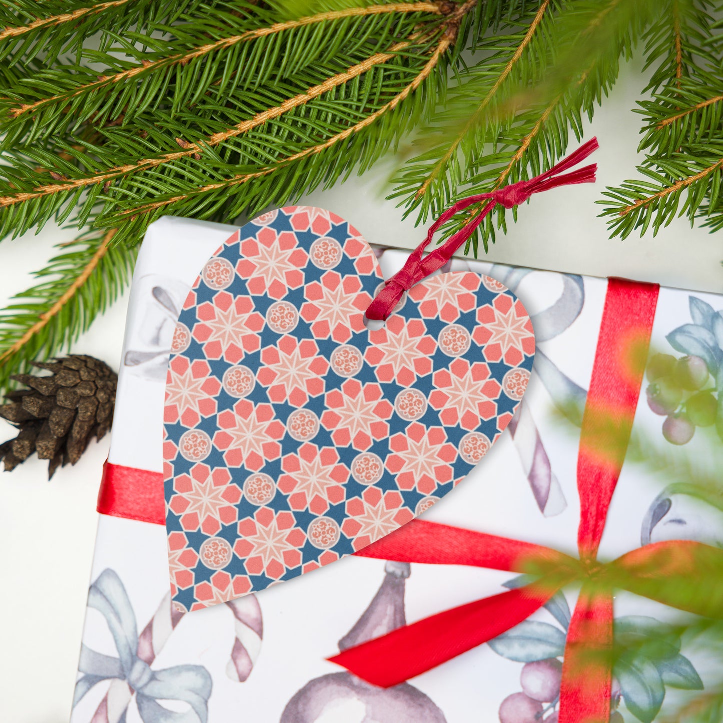Wooden Holiday Ornaments - Geometric Arabesque Mashup in Pink