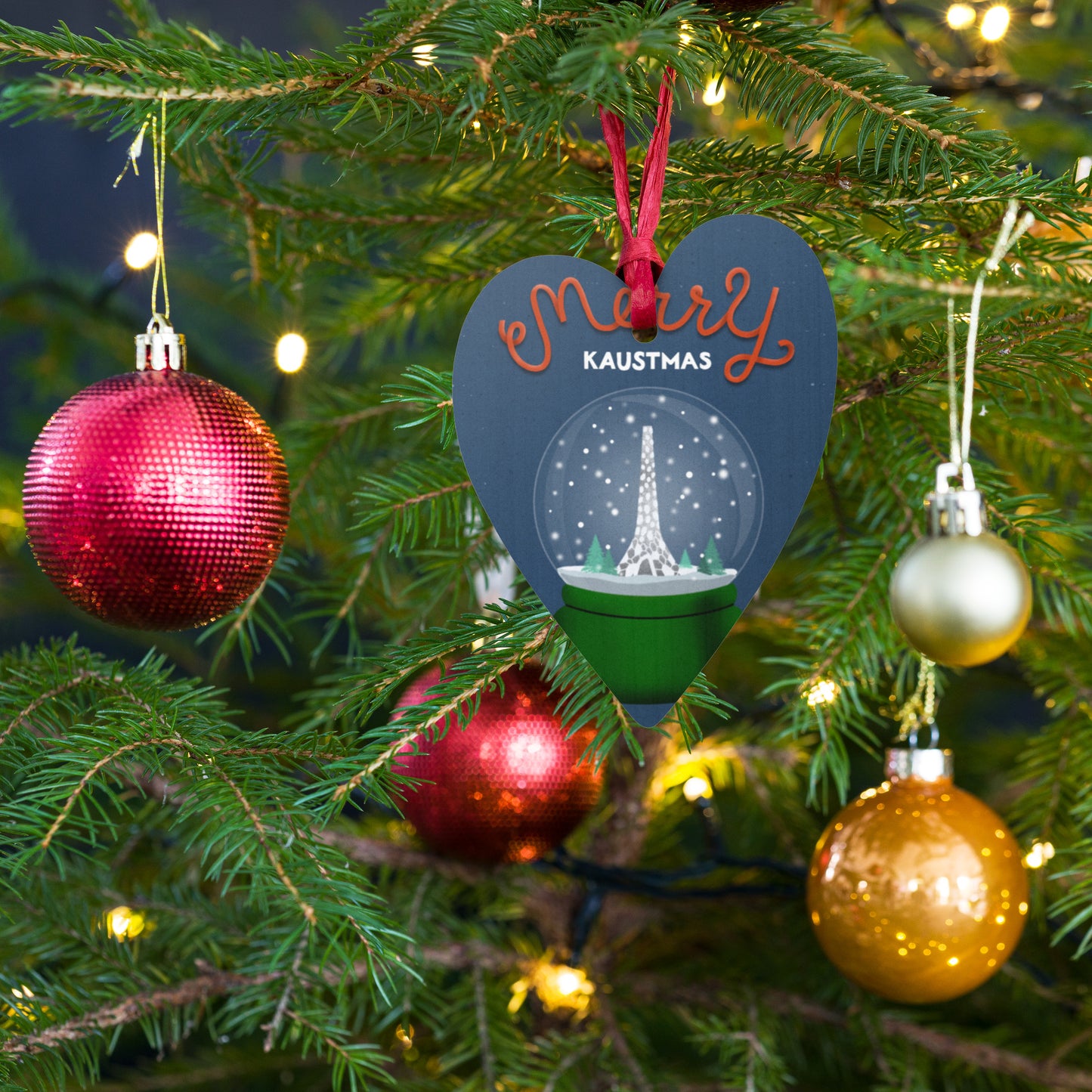 Wooden Holiday Ornaments - Merry KAUSTmas Beacon Snow Globe