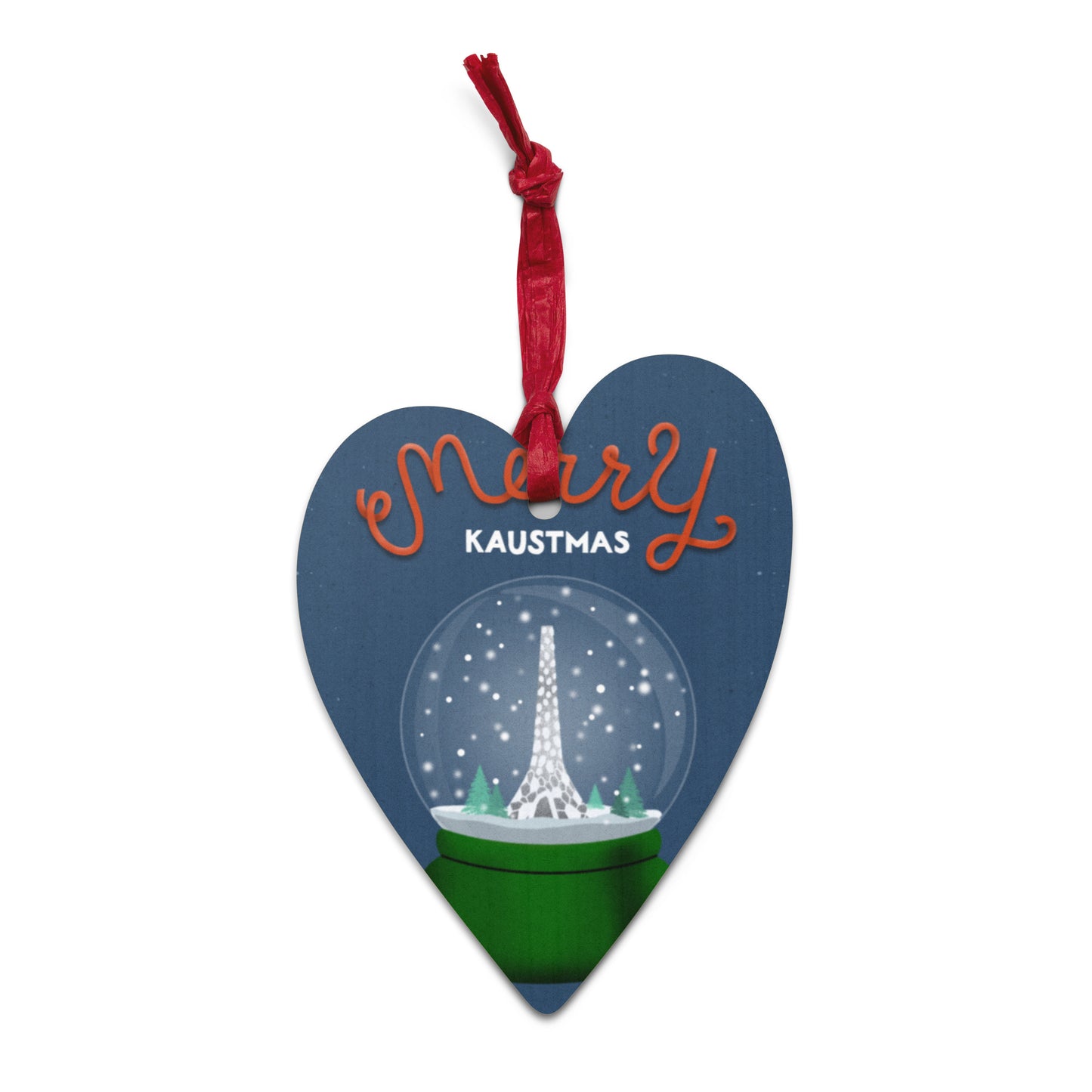 Wooden Holiday Ornaments - Merry KAUSTmas Beacon Snow Globe