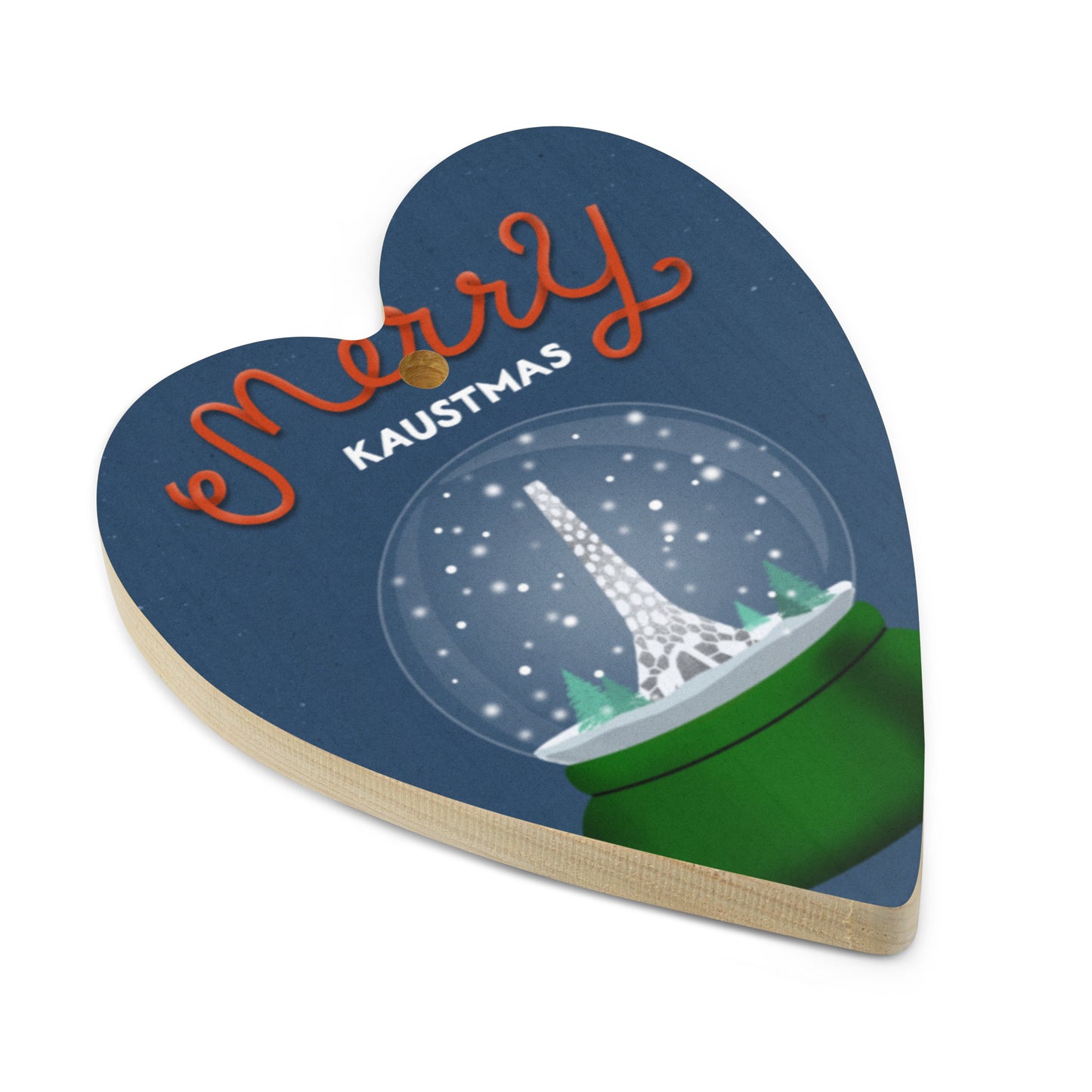 Wooden Holiday Ornaments - Merry KAUSTmas Beacon Snow Globe