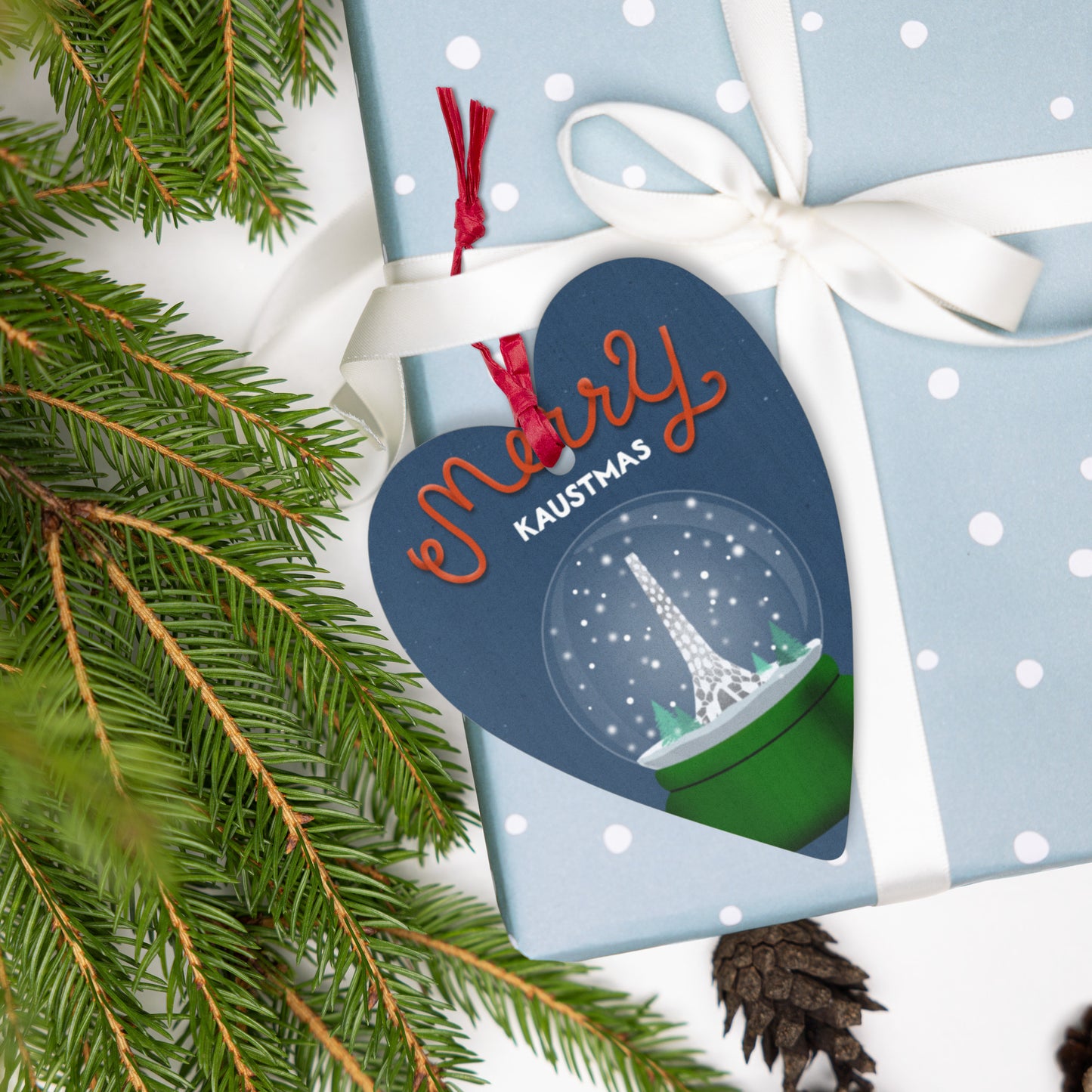 Wooden Holiday Ornaments - Merry KAUSTmas Beacon Snow Globe