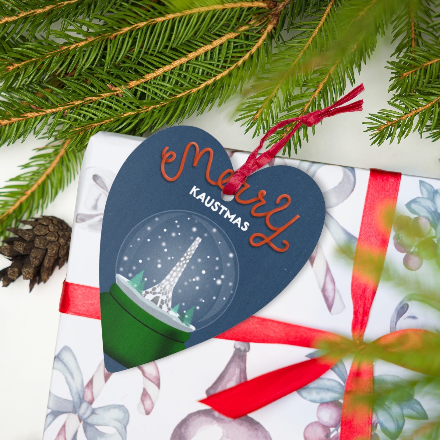 Wooden Holiday Ornaments - Merry KAUSTmas Beacon Snow Globe