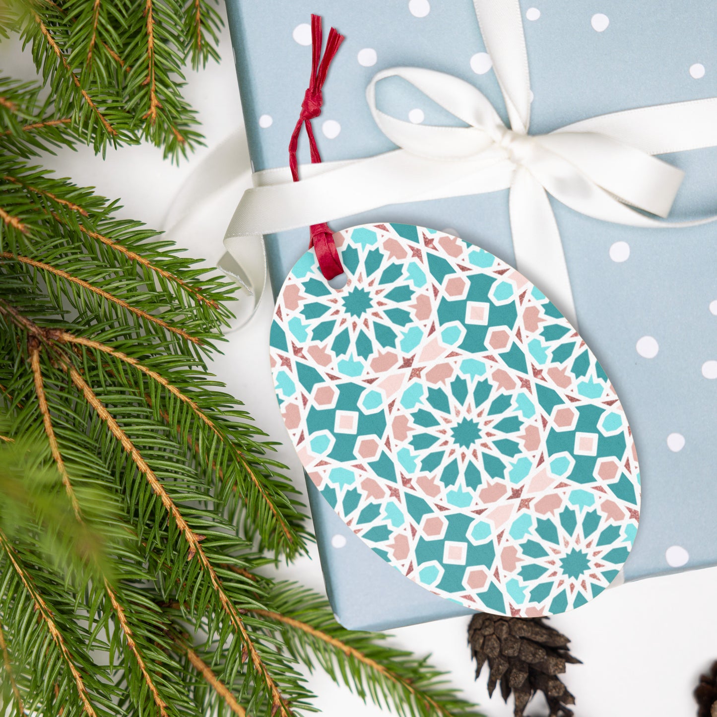 Wooden Holiday Ornaments - Arabian Geometric Star in Red Sea Colors