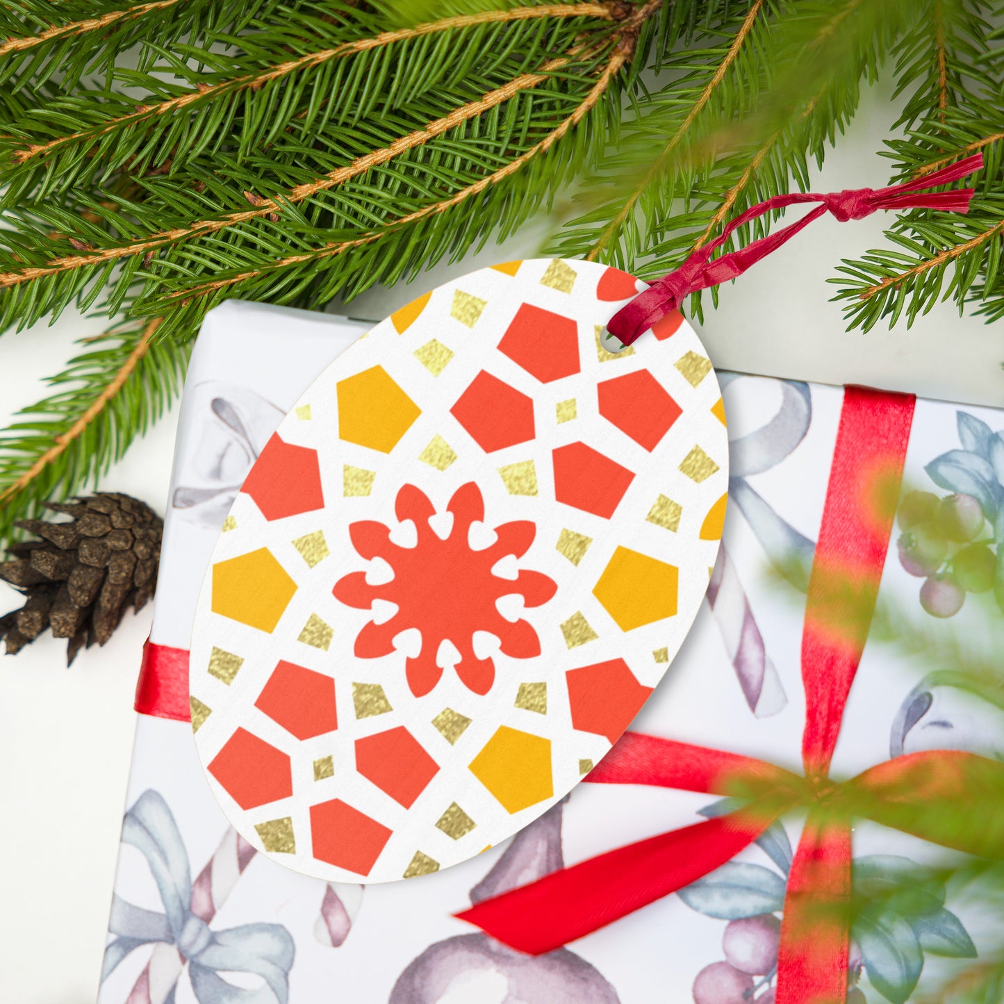 Wooden Holiday Ornaments - Geometric Arabesque in Orange Yellow and Gold