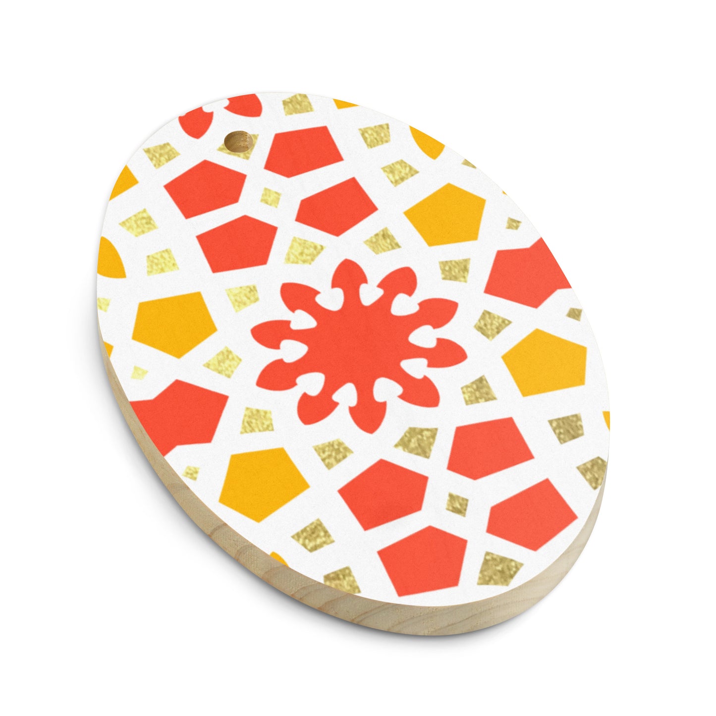 Wooden Holiday Ornaments - Geometric Arabesque in Orange Yellow and Gold