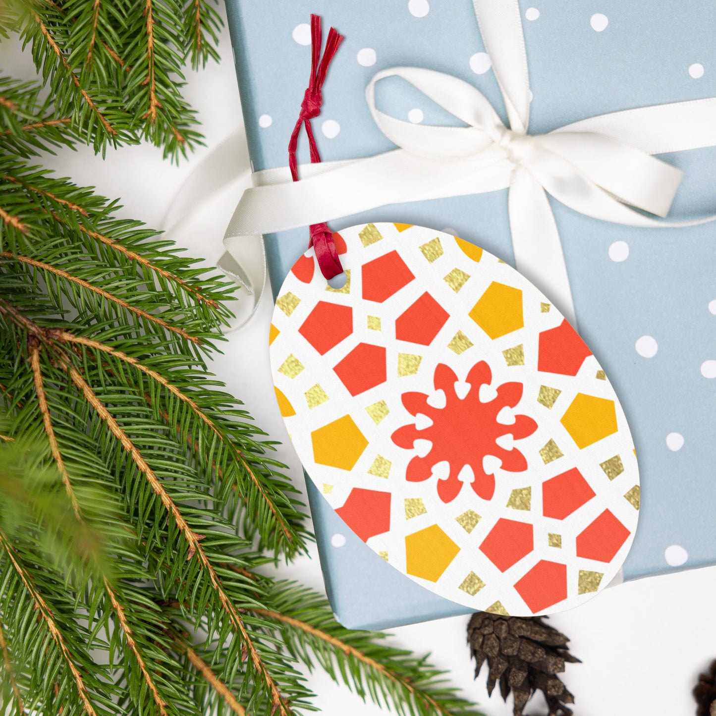 Wooden Holiday Ornaments - Geometric Arabesque in Orange Yellow and Gold