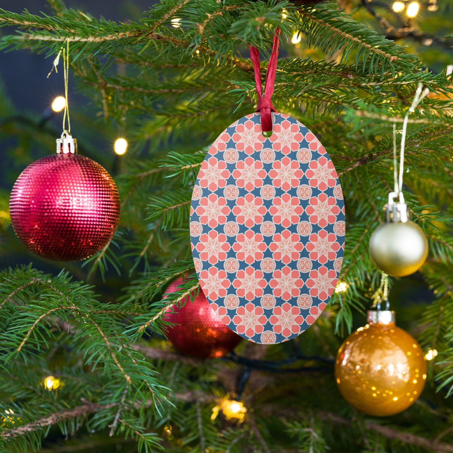 Wooden Holiday Ornaments - Geometric Arabesque Mashup in Pink