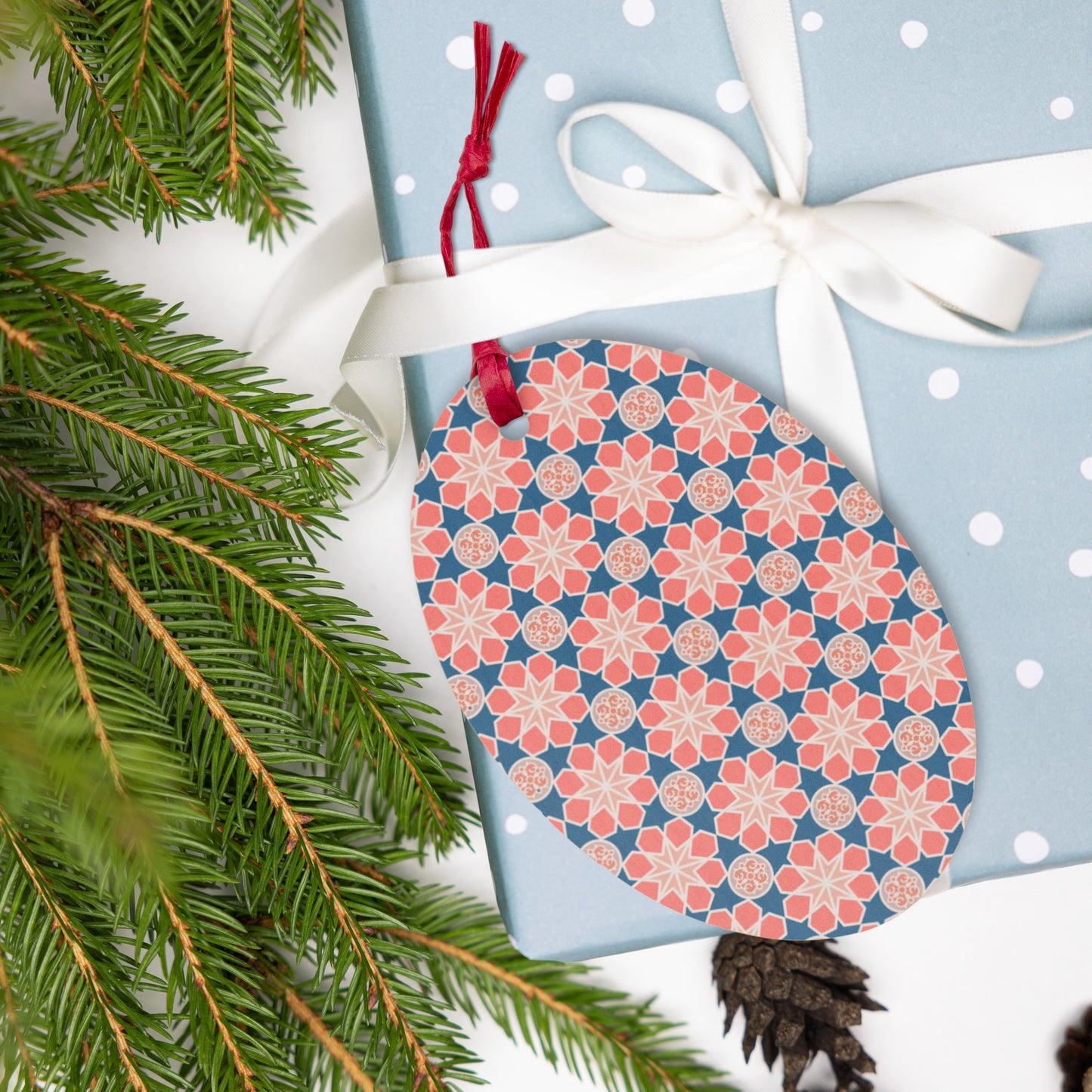 Wooden Holiday Ornaments - Geometric Arabesque Mashup in Pink