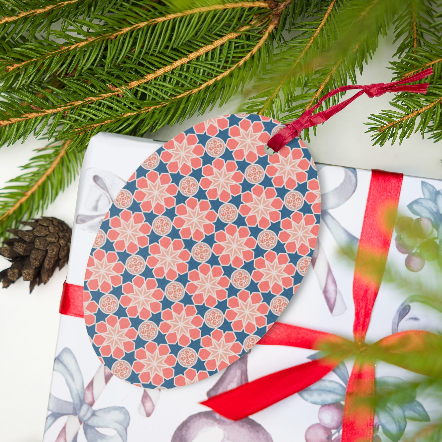 Wooden Holiday Ornaments - Geometric Arabesque Mashup in Pink