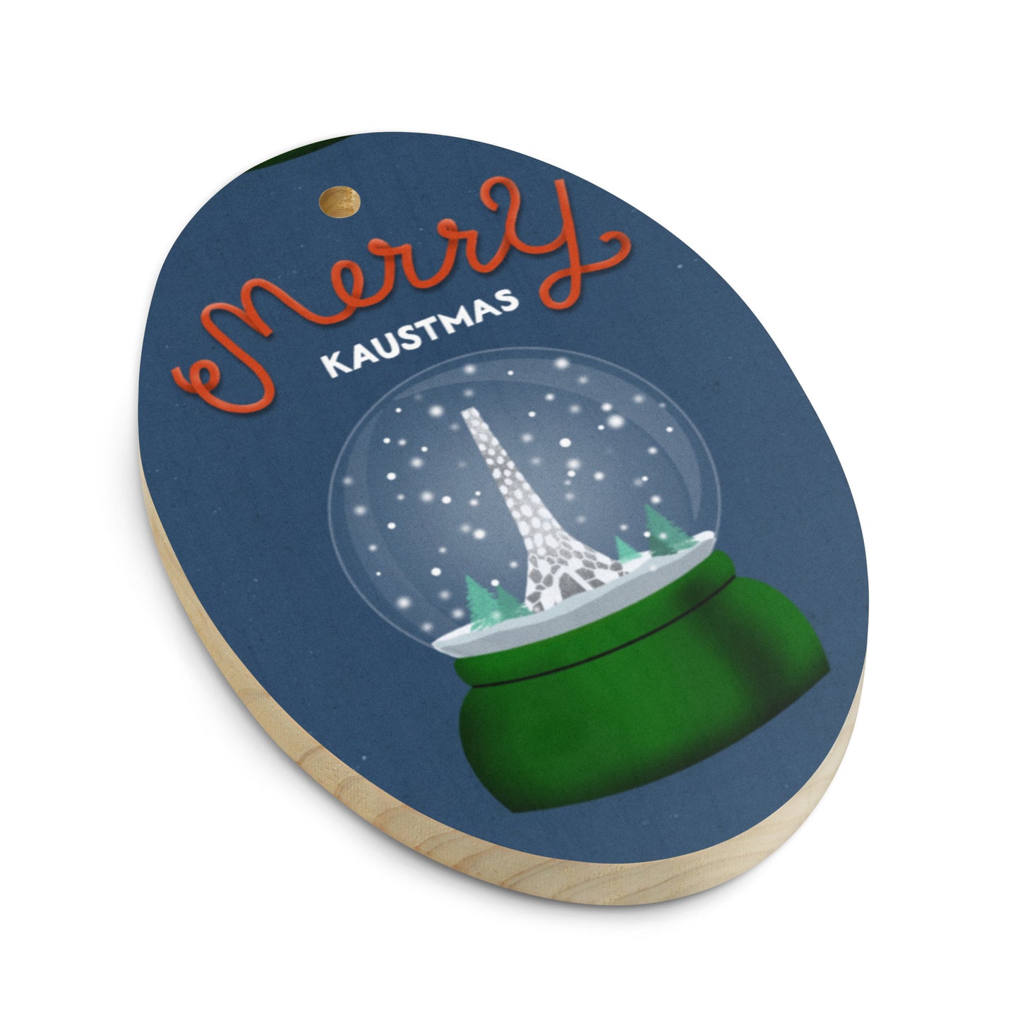 Wooden Holiday Ornaments - Merry KAUSTmas Beacon Snow Globe