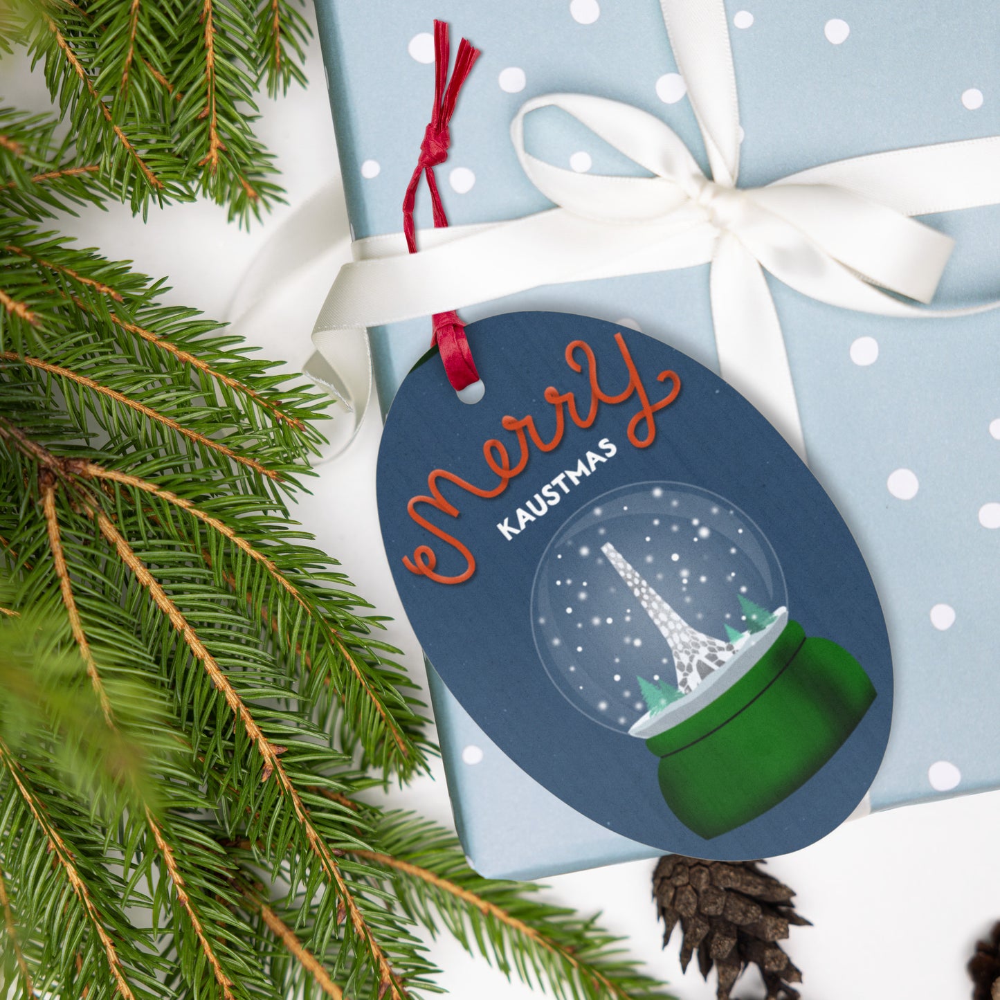 Wooden Holiday Ornaments - Merry KAUSTmas Beacon Snow Globe