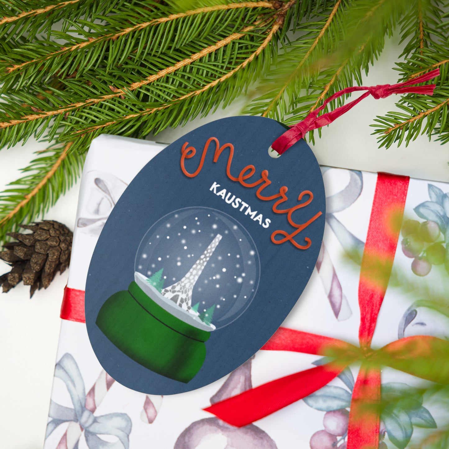 Wooden Holiday Ornaments - Merry KAUSTmas Beacon Snow Globe