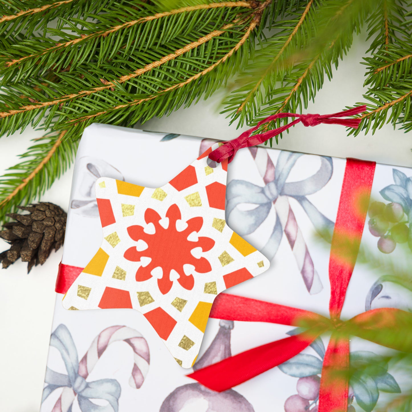 Wooden Holiday Ornaments - Geometric Arabesque in Orange Yellow and Gold
