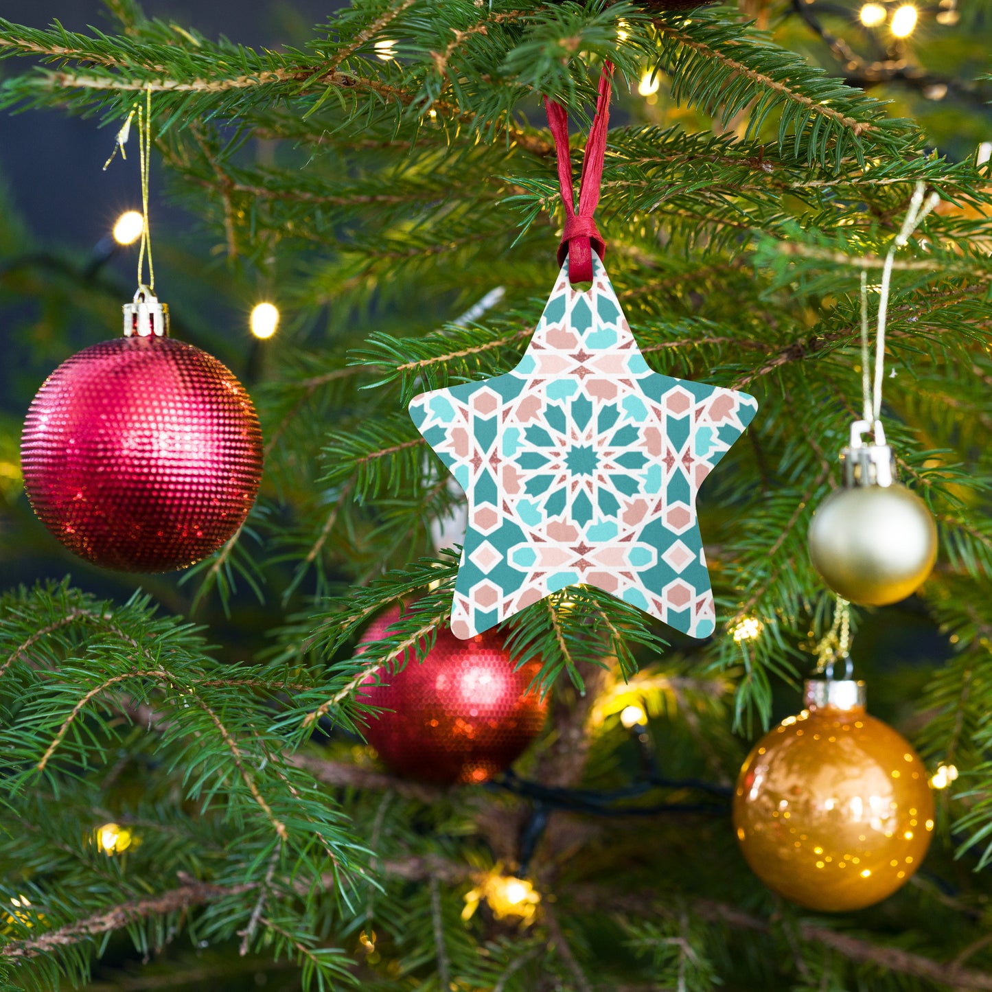 Wooden Holiday Ornaments - Arabian Geometric Star in Red Sea Colors