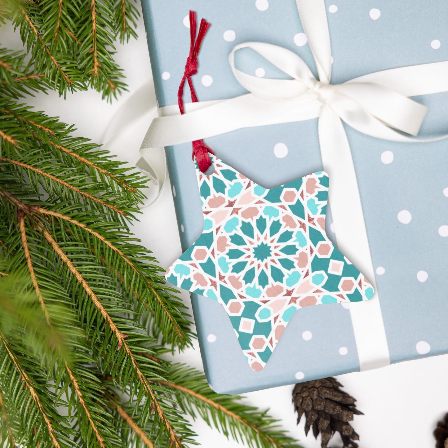 Wooden Holiday Ornaments - Arabian Geometric Star in Red Sea Colors
