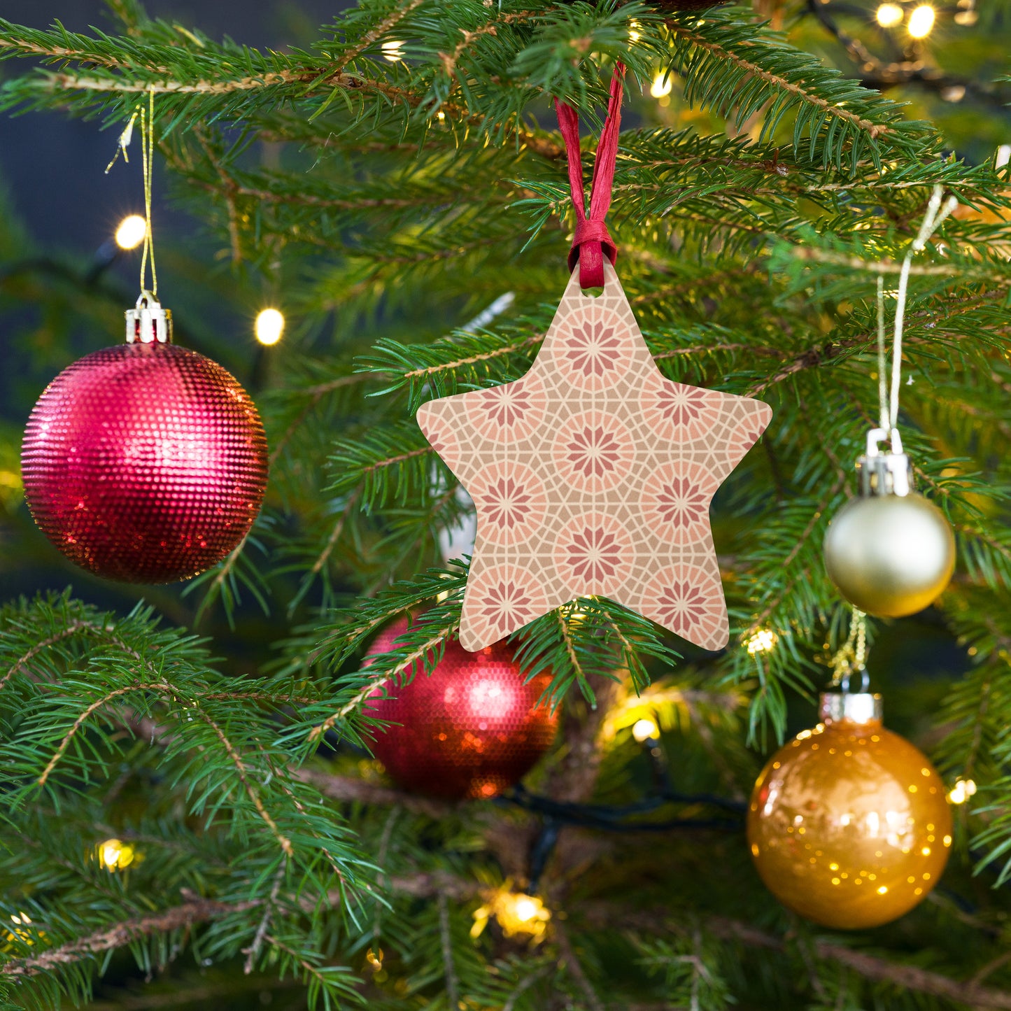 Wooden Holiday Ornaments - Geometric Star in Cocoa and Cream