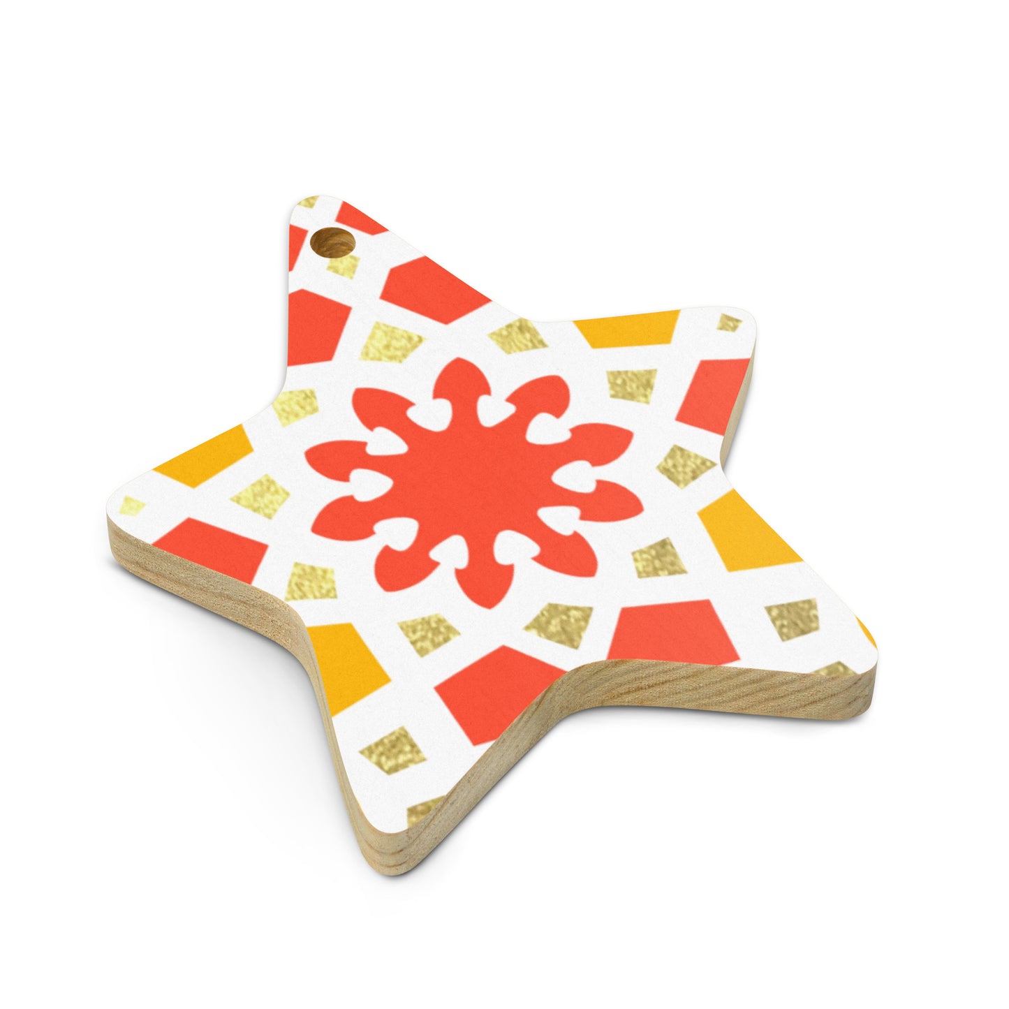 Wooden Holiday Ornaments - Geometric Arabesque in Orange Yellow and Gold