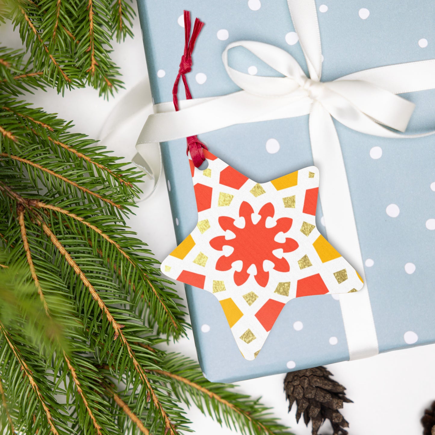 Wooden Holiday Ornaments - Geometric Arabesque in Orange Yellow and Gold