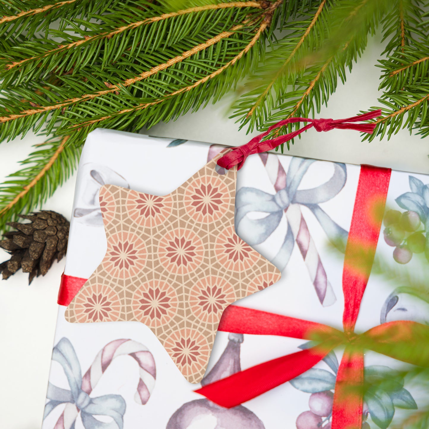 Wooden Holiday Ornaments - Geometric Star in Cocoa and Cream