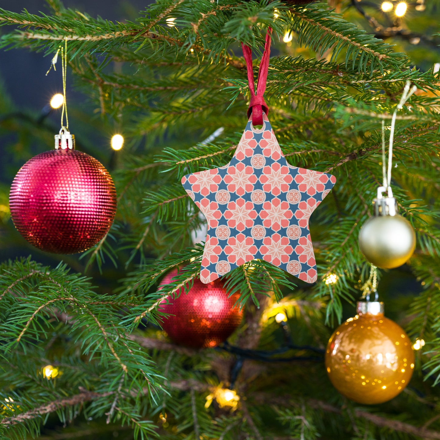 Wooden Holiday Ornaments - Geometric Arabesque Mashup in Pink