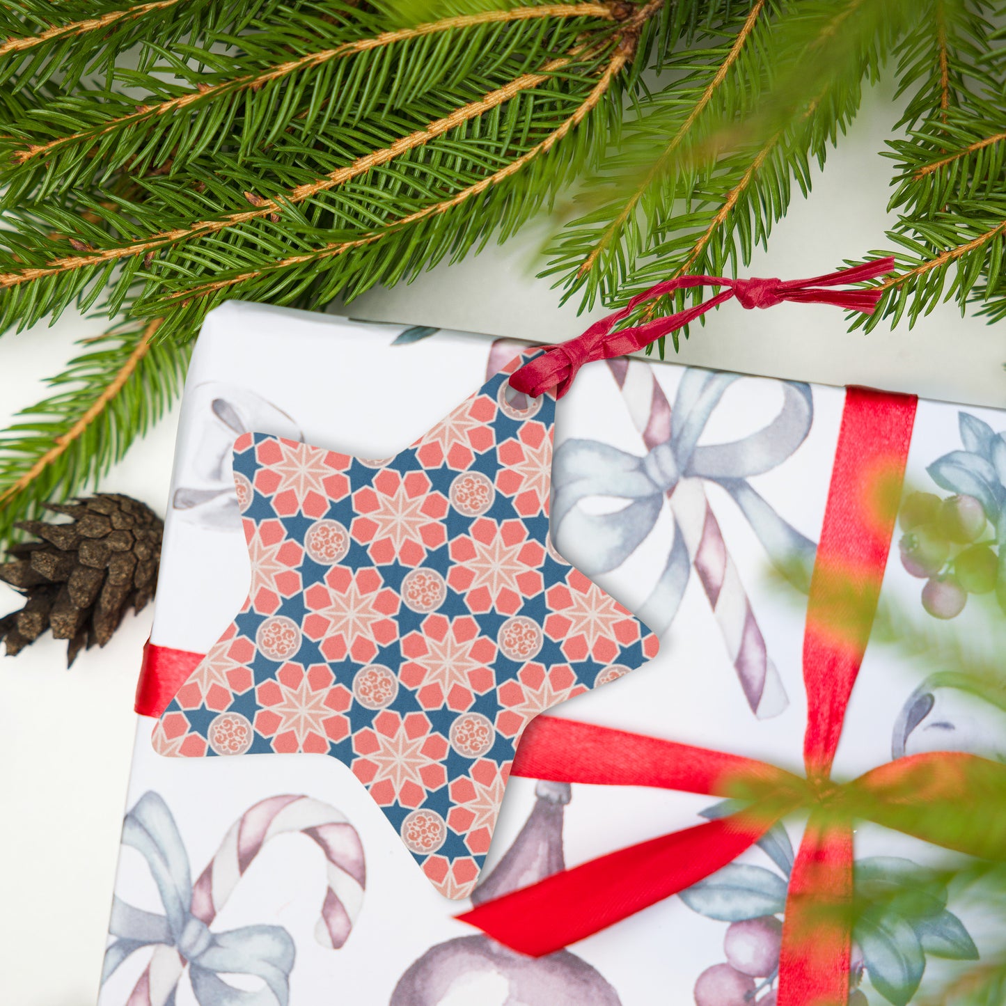 Wooden Holiday Ornaments - Geometric Arabesque Mashup in Pink