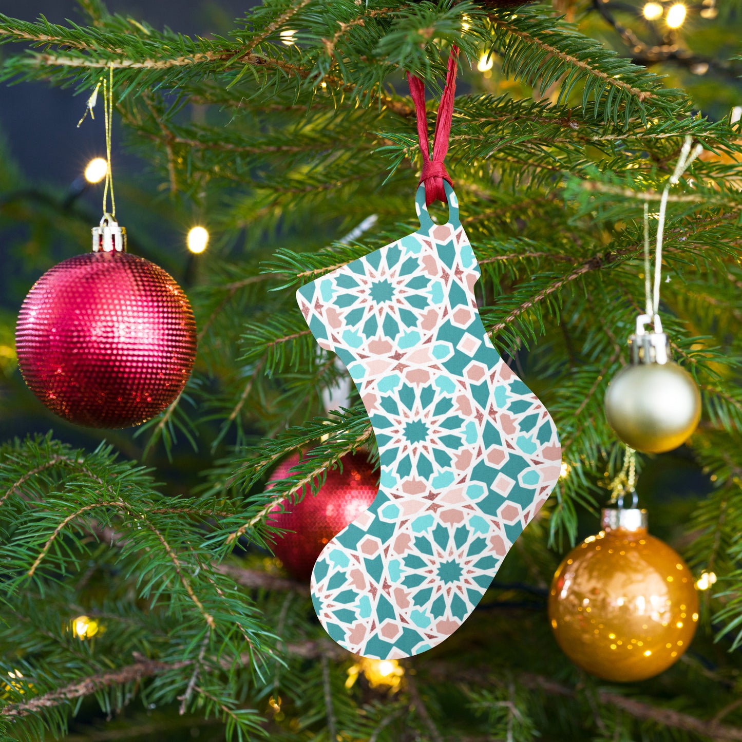 Wooden Holiday Ornaments - Arabian Geometric Star in Red Sea Colors