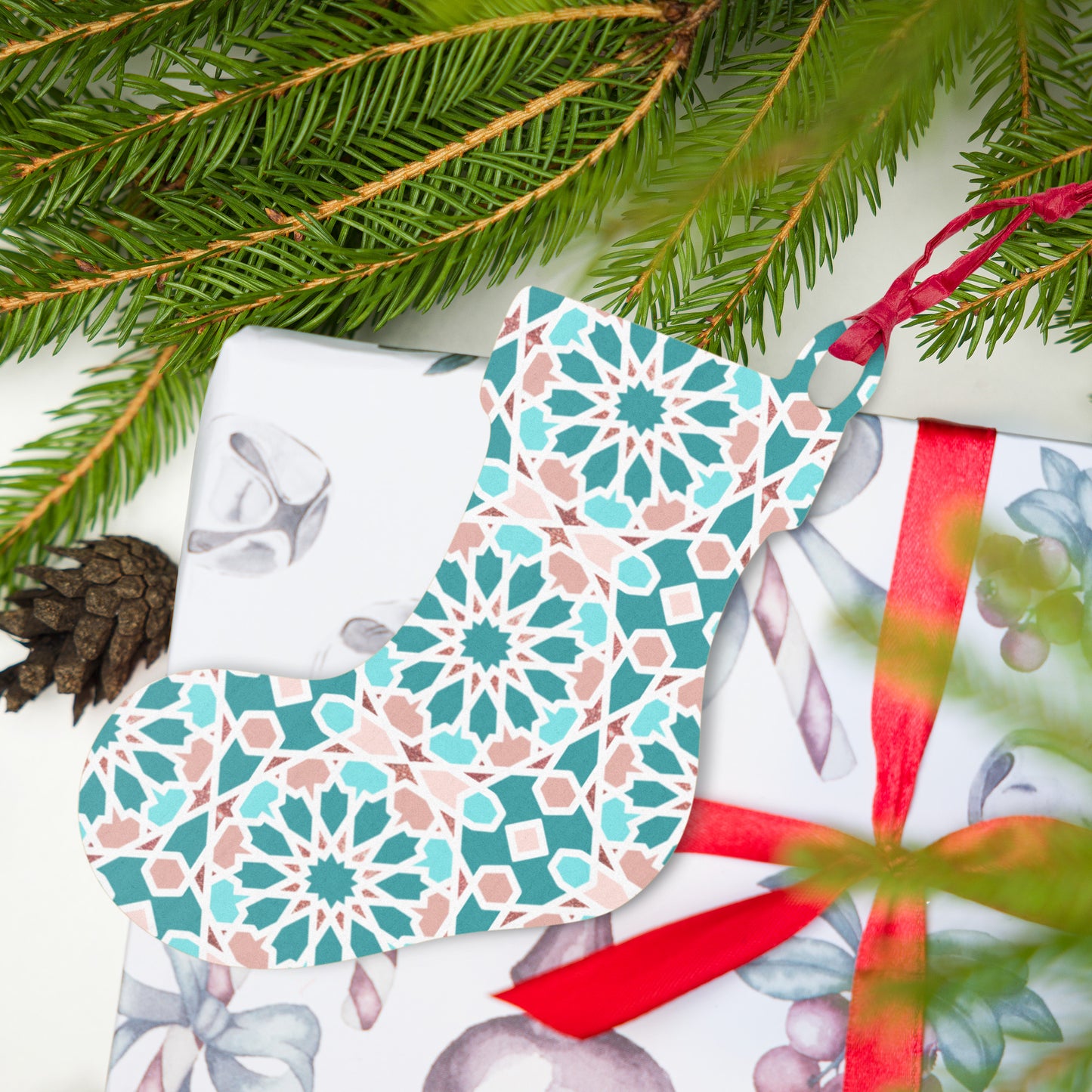 Wooden Holiday Ornaments - Arabian Geometric Star in Red Sea Colors