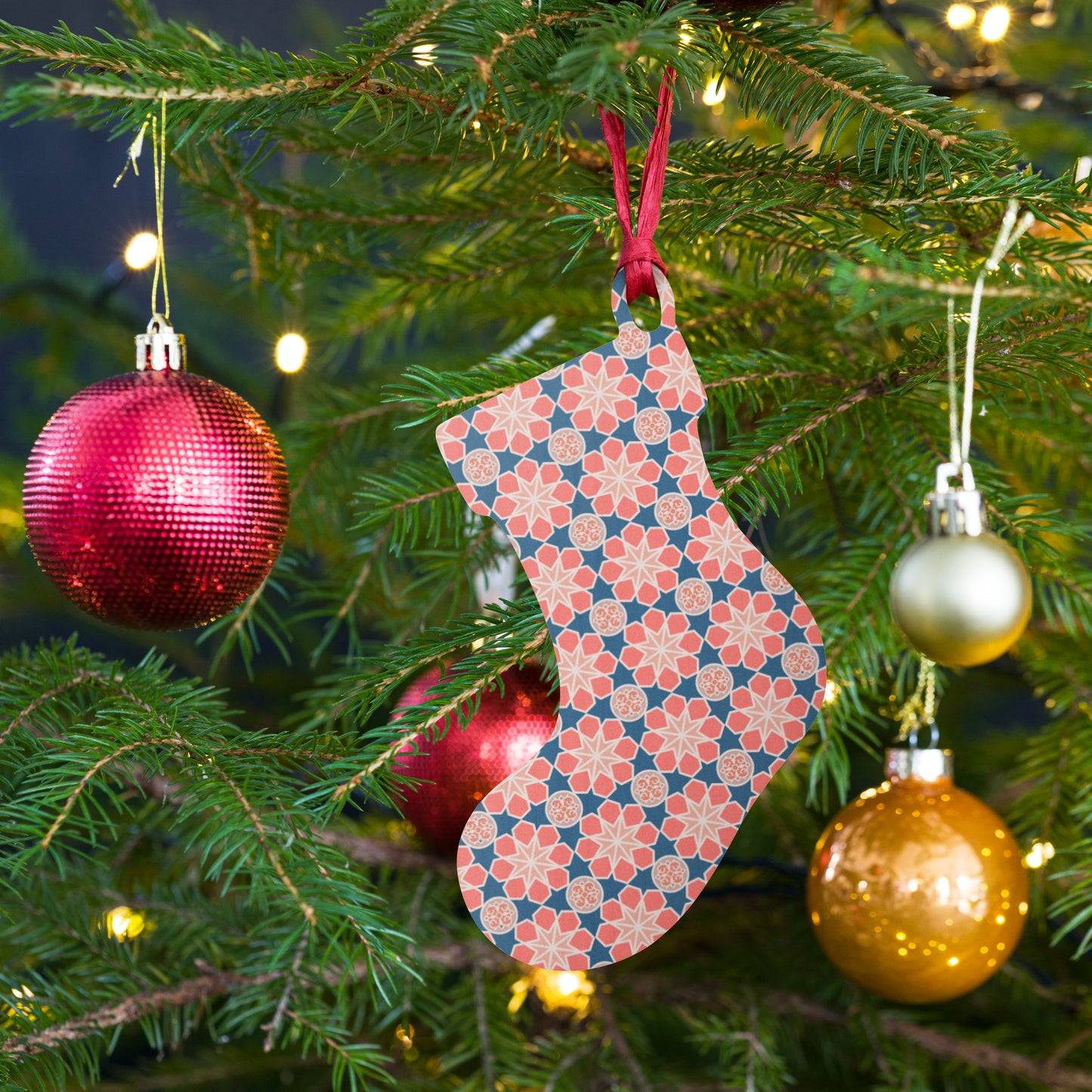 Wooden Holiday Ornaments - Geometric Arabesque Mashup in Pink