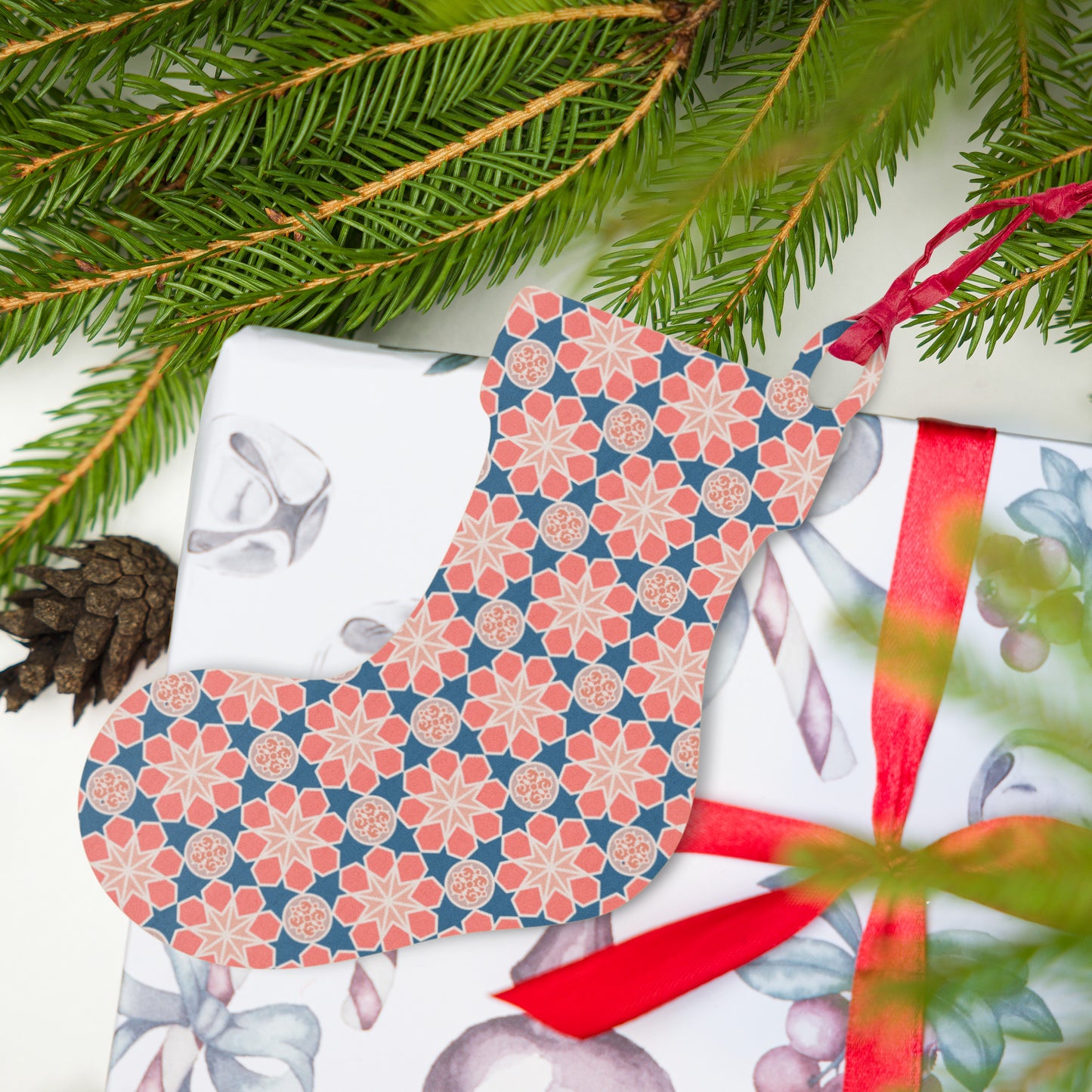 Wooden Holiday Ornaments - Geometric Arabesque Mashup in Pink