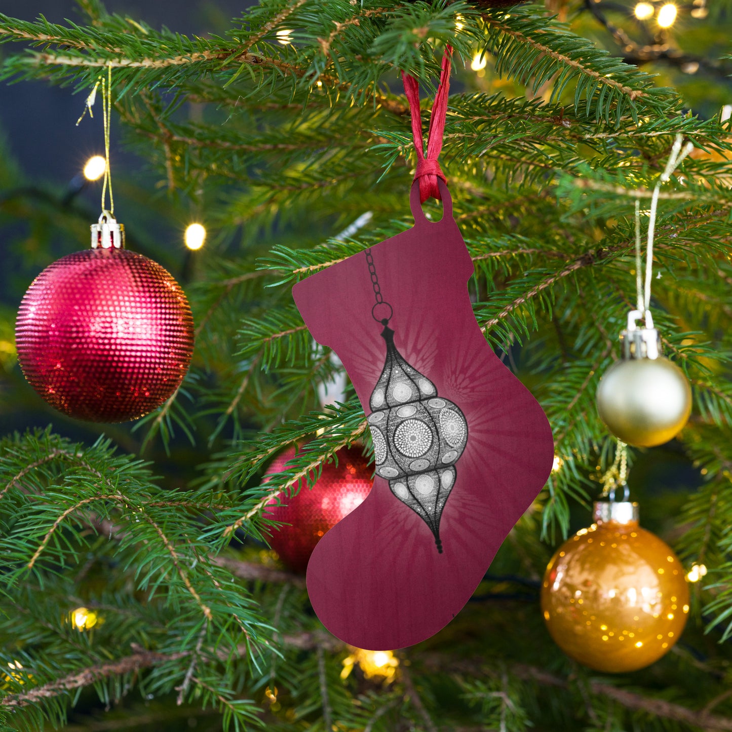 Wooden Holiday Ornaments - Merry and Bright Arabic Lantern