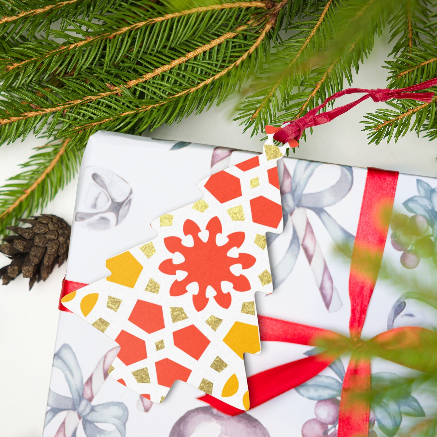 Wooden Holiday Ornaments - Geometric Arabesque in Orange Yellow and Gold