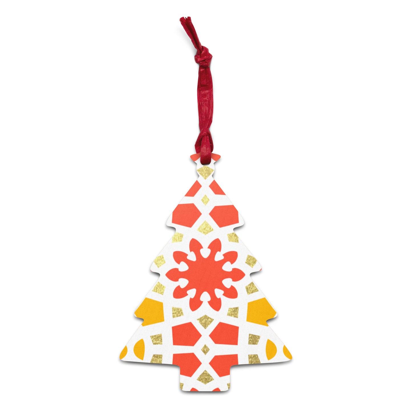 Wooden Holiday Ornaments - Geometric Arabesque in Orange Yellow and Gold