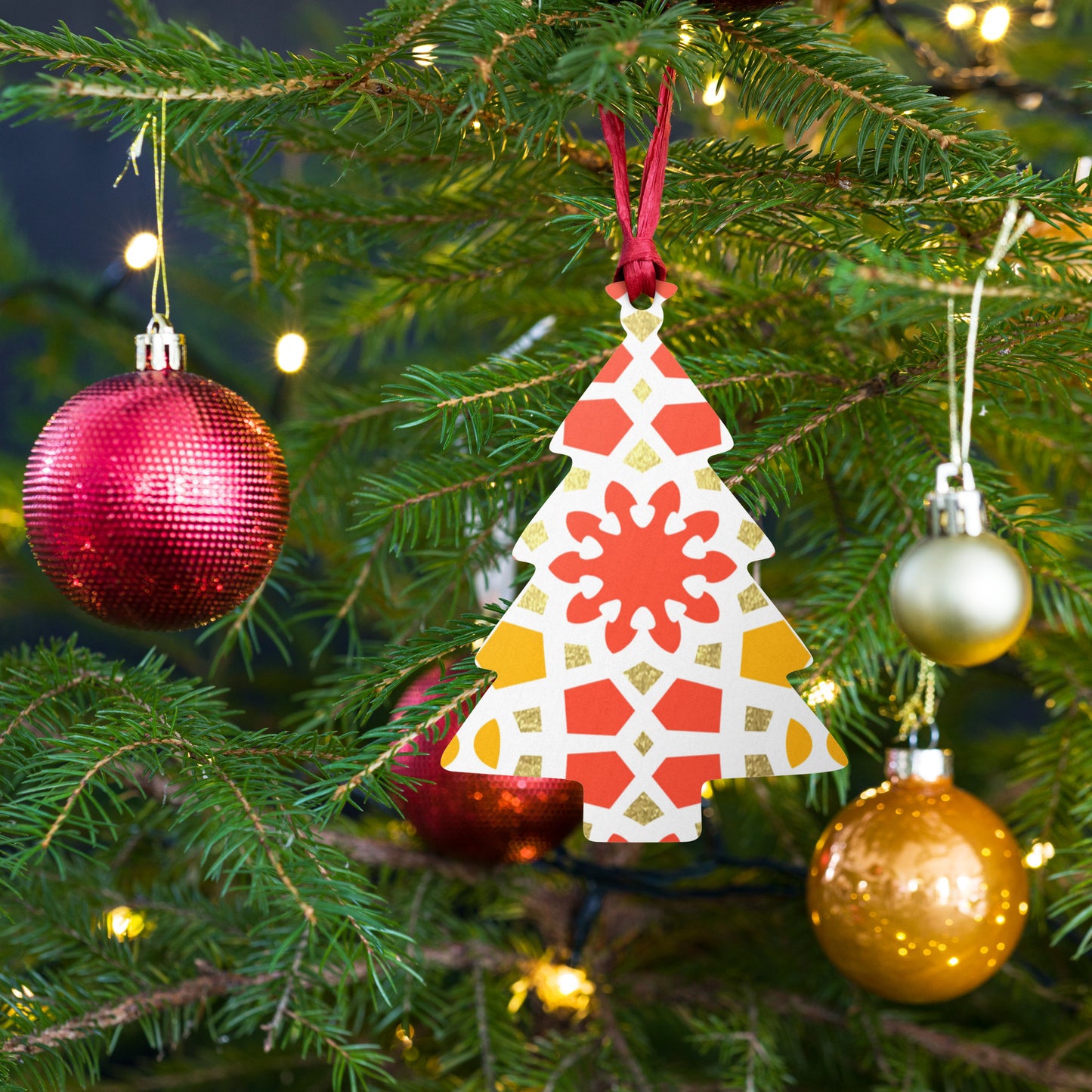 Wooden Holiday Ornaments - Geometric Arabesque in Orange Yellow and Gold