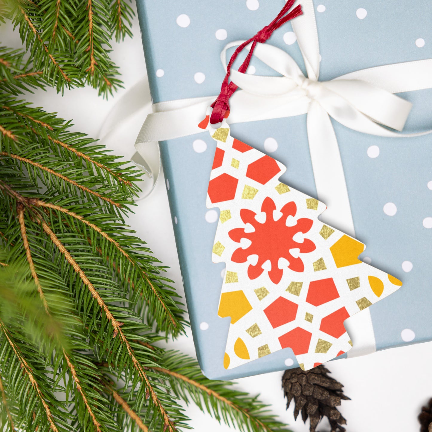 Wooden Holiday Ornaments - Geometric Arabesque in Orange Yellow and Gold