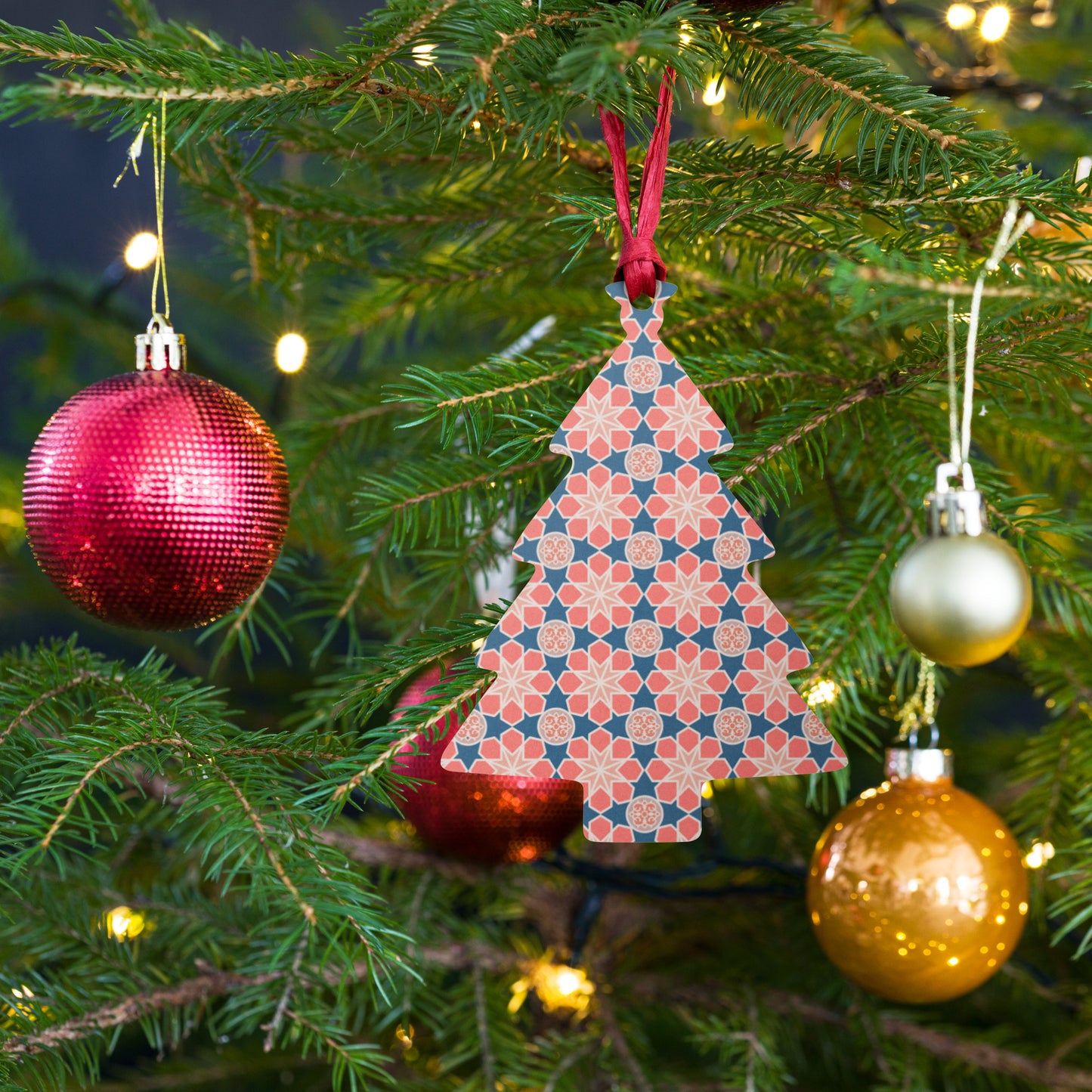 Wooden Holiday Ornaments - Geometric Arabesque Mashup in Pink