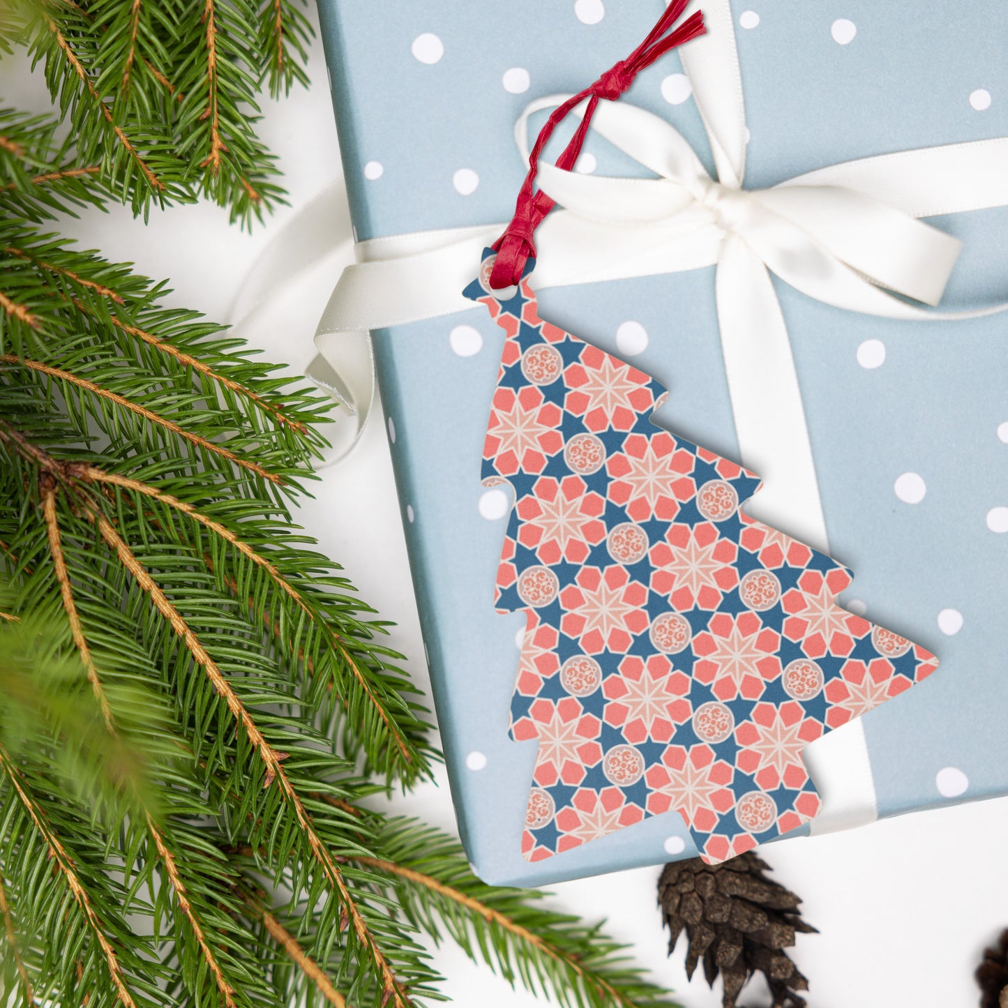 Wooden Holiday Ornaments - Geometric Arabesque Mashup in Pink