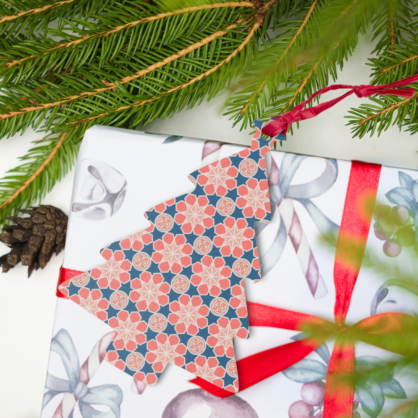 Wooden Holiday Ornaments - Geometric Arabesque Mashup in Pink