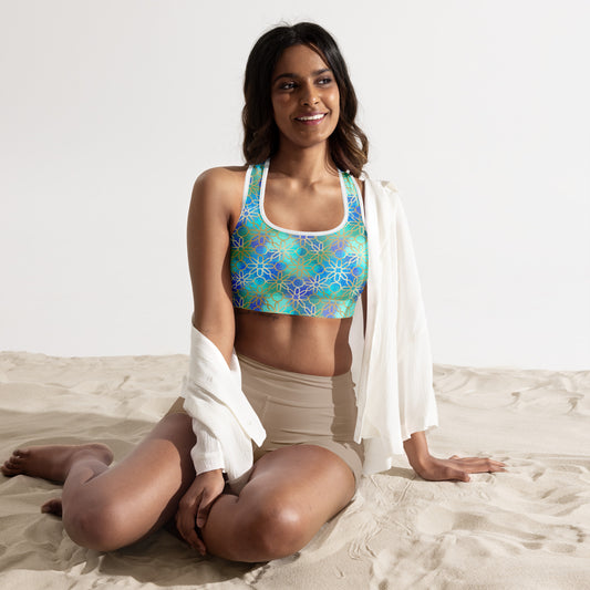 Padded Sports Bra - Arabian Geometry in Red Sea Watercolors