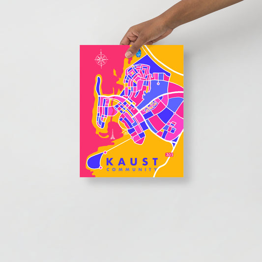 KAUST Community Map Art Poster in pink and yellow